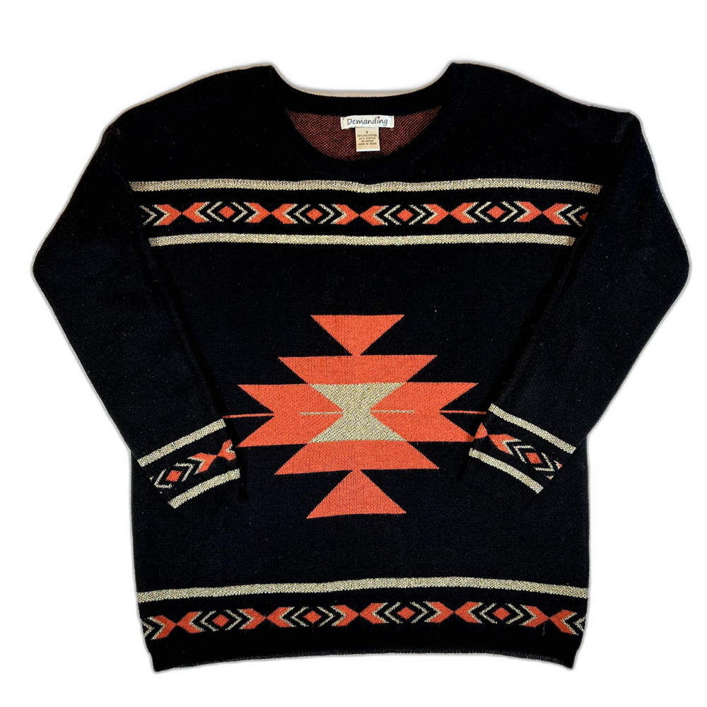 Aztec Western Sweater Sz Sm, Demanding, Black Orange Gold Glitter  Women's